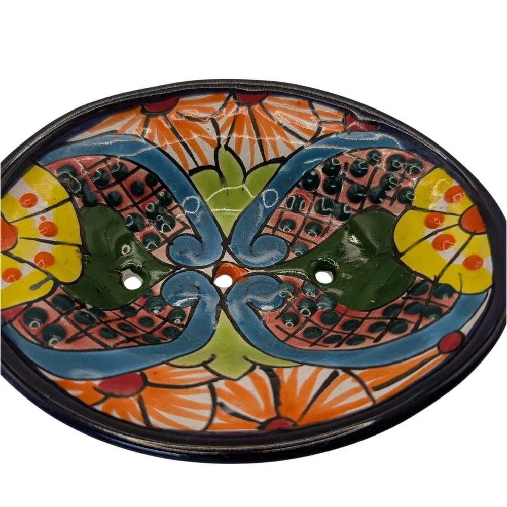 Mexican Hand Painted Soap Dish Red Clay Decorative Multicolors Folk Art